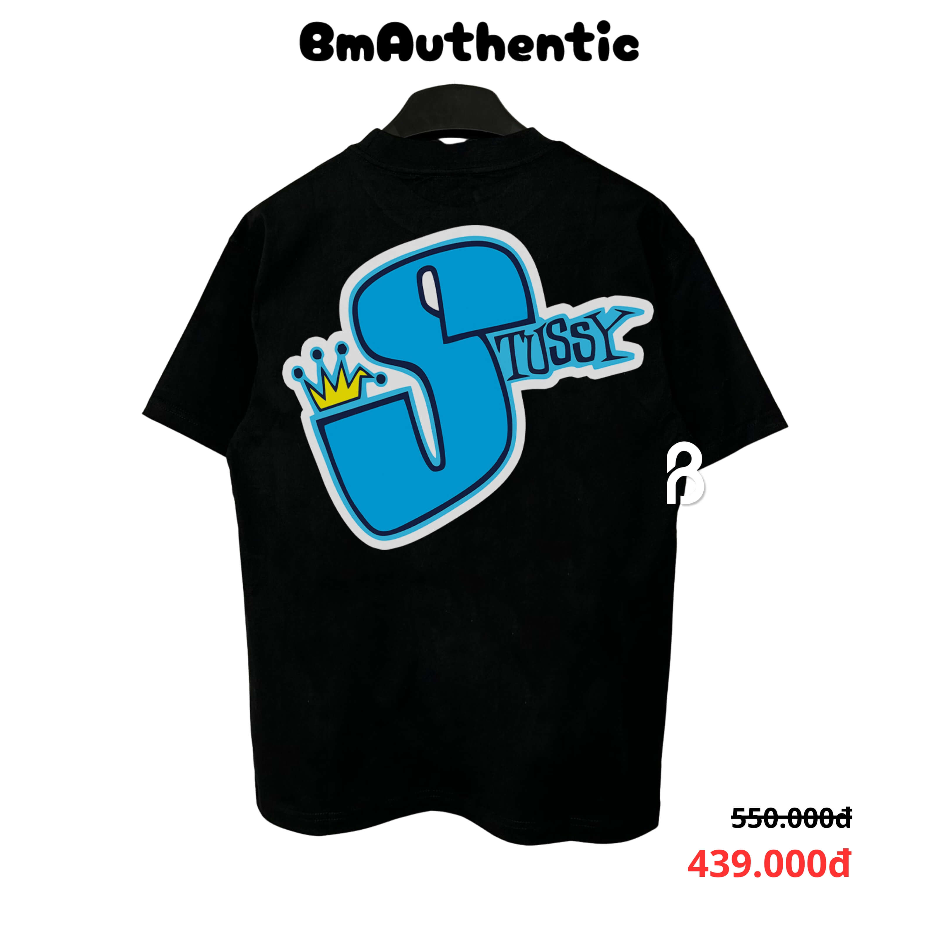 Áo Thun Stussy Blue Crowns Cotton Cao Cấp Form Rộng - BM Authentic