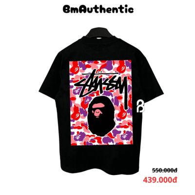 Áo Thun Stussy x Bape Red Camo Cotton Cao Cấp Form Rộng - BM Authentic