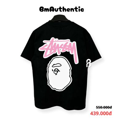 Áo Thun Stussy Bape Head Pink Logo Cotton Cao Cấp Form Rộng - BM Authentic